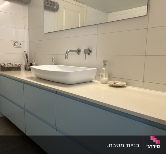 כיור וחדר אמבטיה עם ארון תכלת